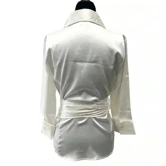 Suzy Shier Wrap Blouse White Satin V Neck 3/4 Sleeve Tie Waist Sash Belt XS - Picture 2 of 16